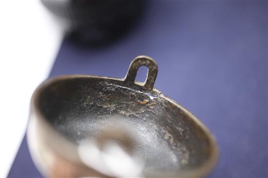 A Chinese bronze and silver inlaid tripod censer, 18th/19th century, height 7.5cm, split to rim